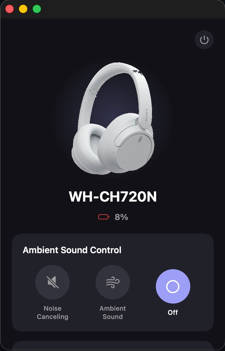 SonyBridge connected to a WH-CH720N, showing noise-cancelling and ambient controls